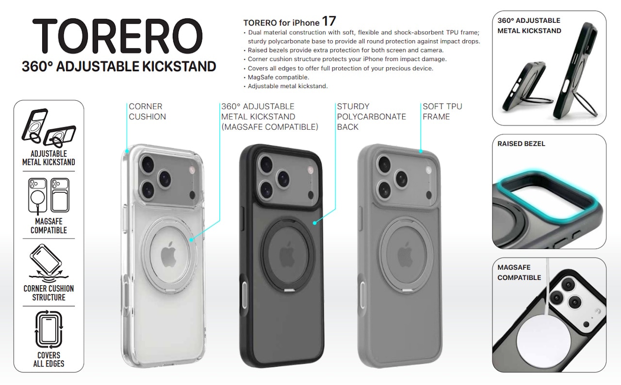 Torrii TORERO iPhone 17 Pro Magnetic Adjustable Metal Kickstand Case