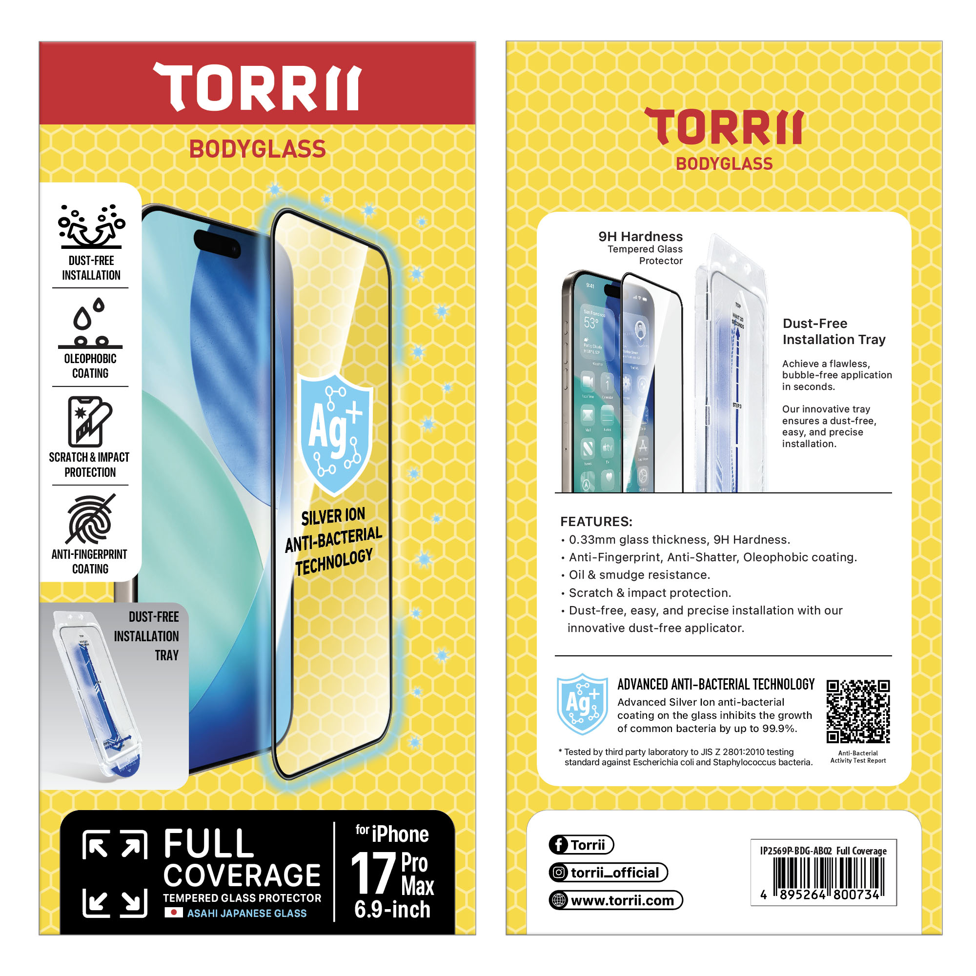 Torrii iPhone 17 Pro Max Anti-bacterial Coating Full Coverage BODYGLASS