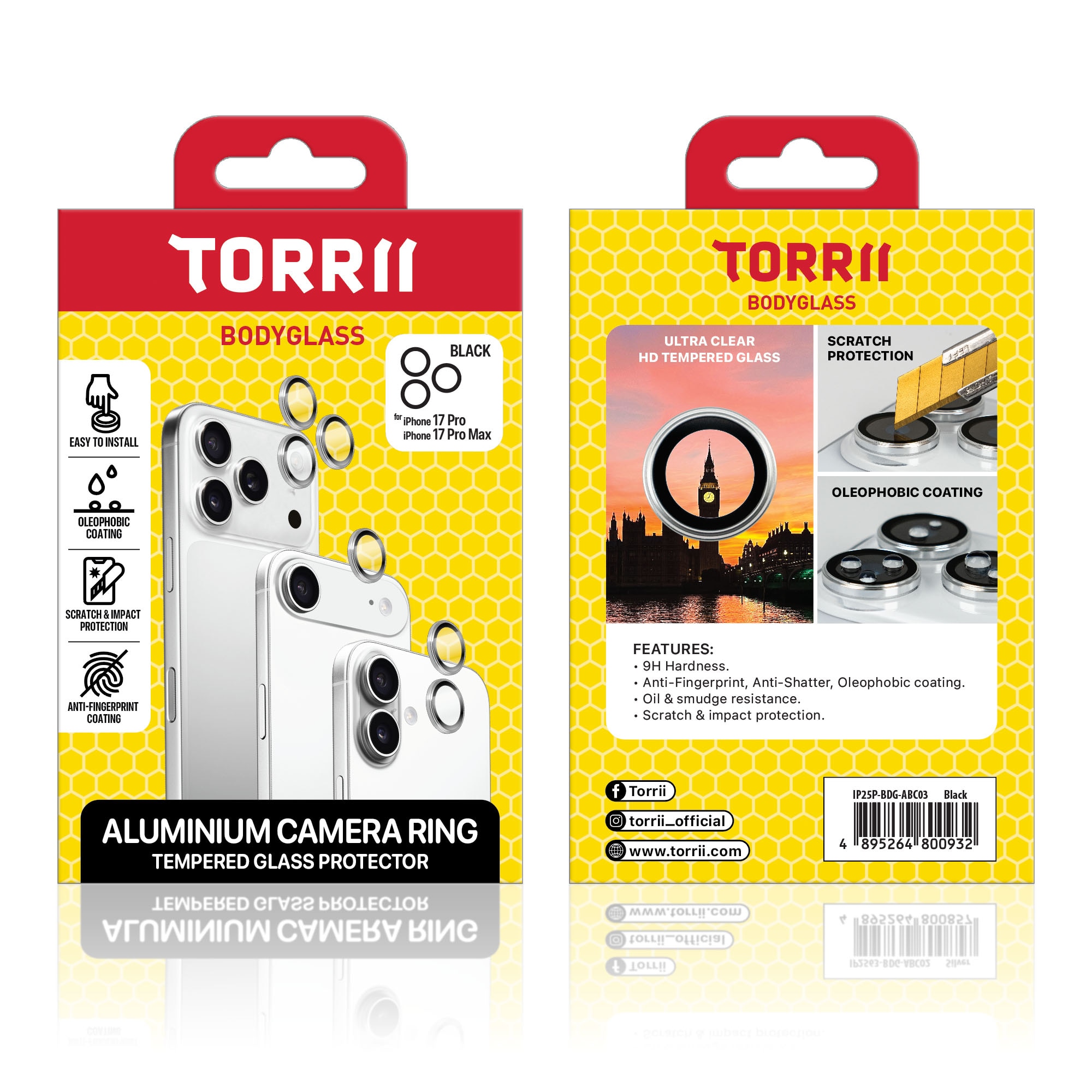 Torrii iPhone 17 Pro / Pro Max Anti-bacterial Coating BODYGLASS Aluminum Camera Ring