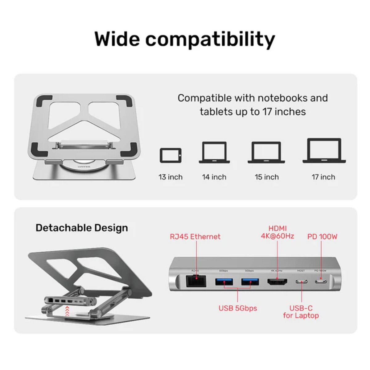 UNITEK 筆記型電腦支架(連可拆式6合1 USB-C Hub)