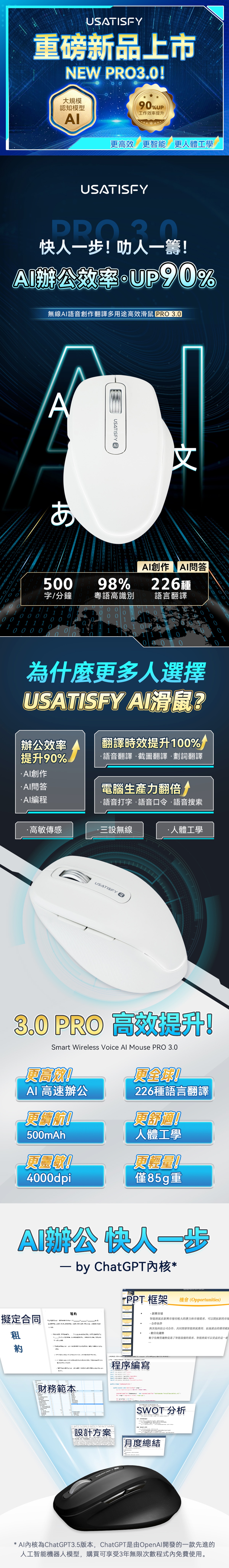 USATISFY 無線AI語音創作翻譯多用途高效辦公滑鼠 PRO 3.0