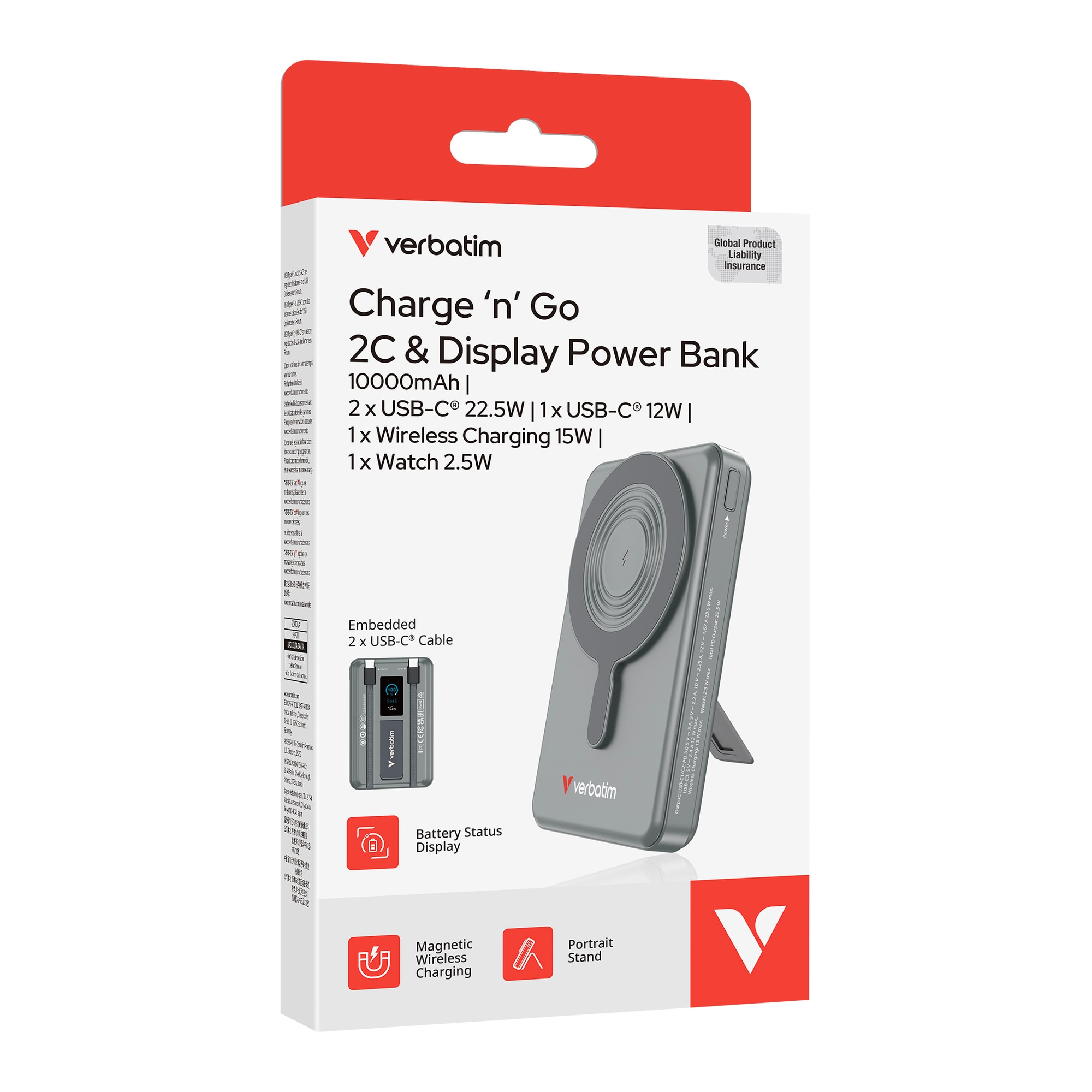 VERBATIM Charge ‘N’ Go 行動電源 磁吸無線充電 10000mAh 帶 LED 顯示屏