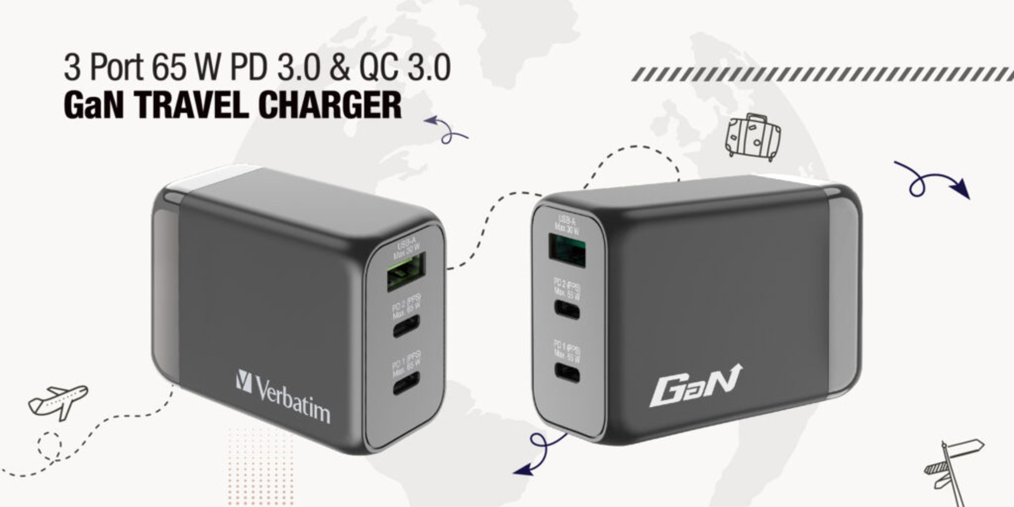 VERBATIM 3 端口 65W PD 3.0 和 QC 3.0 GaN旅行充電器 #66963