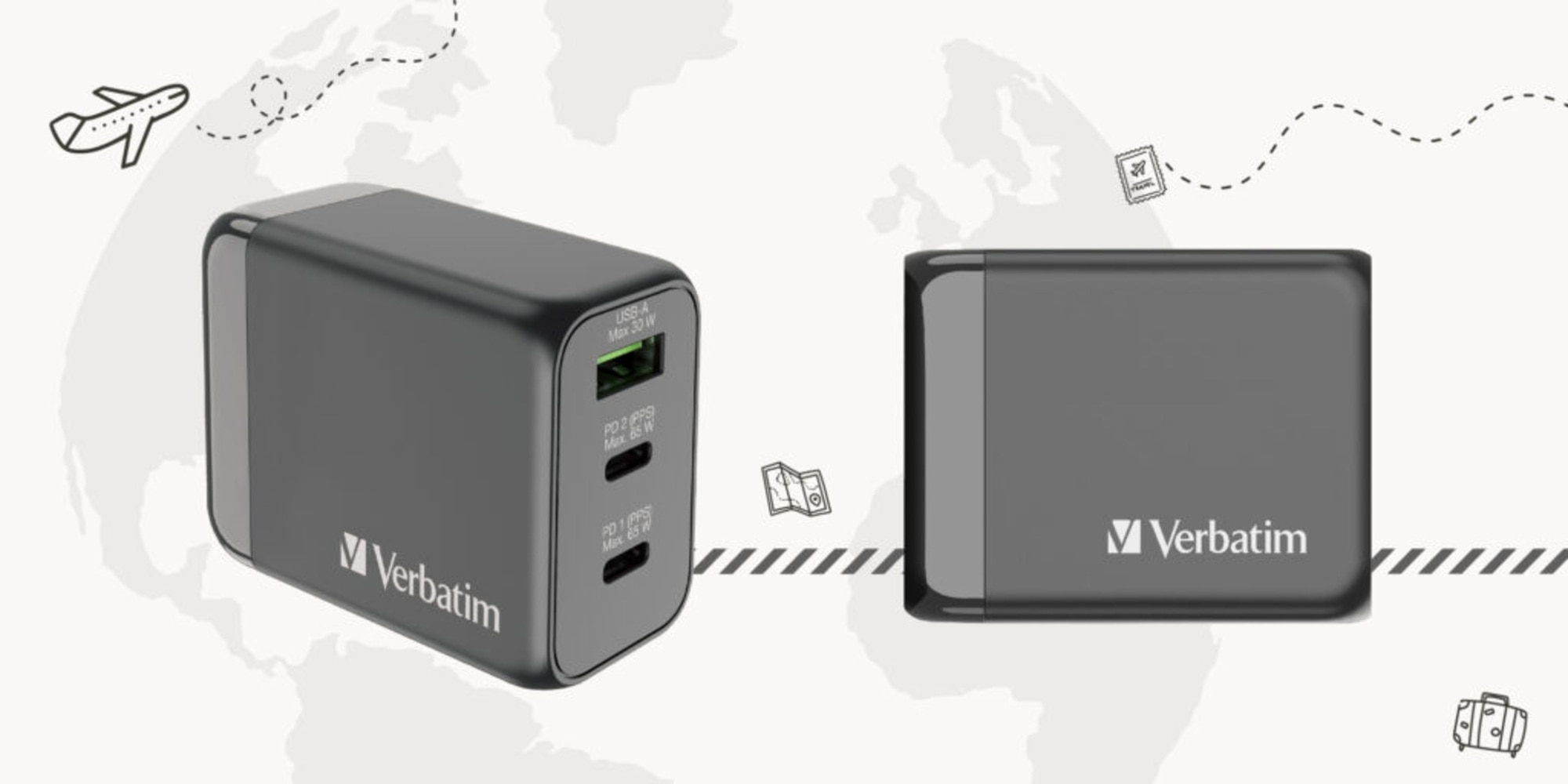 VERBATIM 3 端口 65W PD 3.0 和 QC 3.0 GaN旅行充電器 #66963