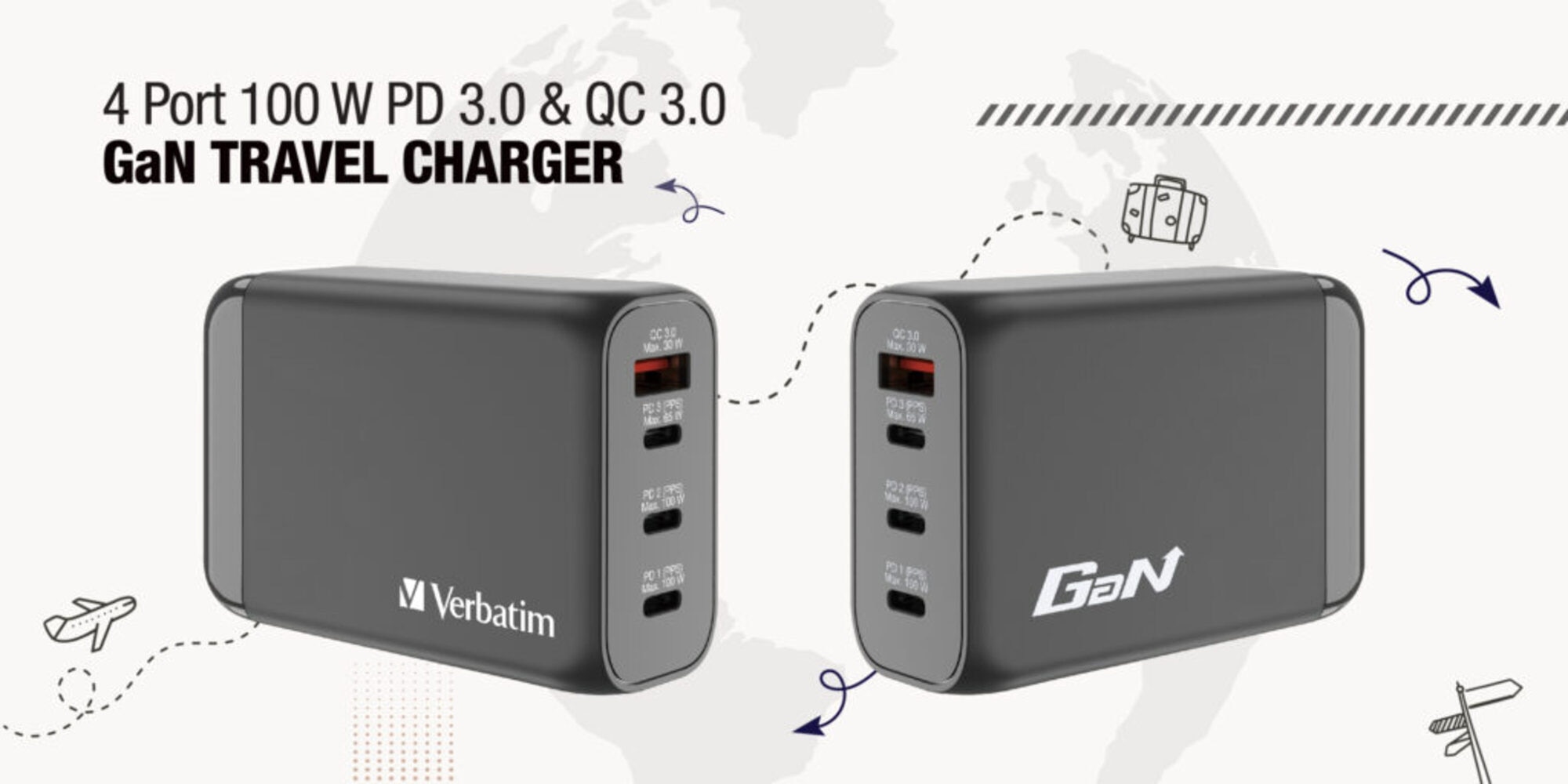 VERBATIM 4端口100W PD 3.0 & QC 3.0 GaN旅行充電器 #66967