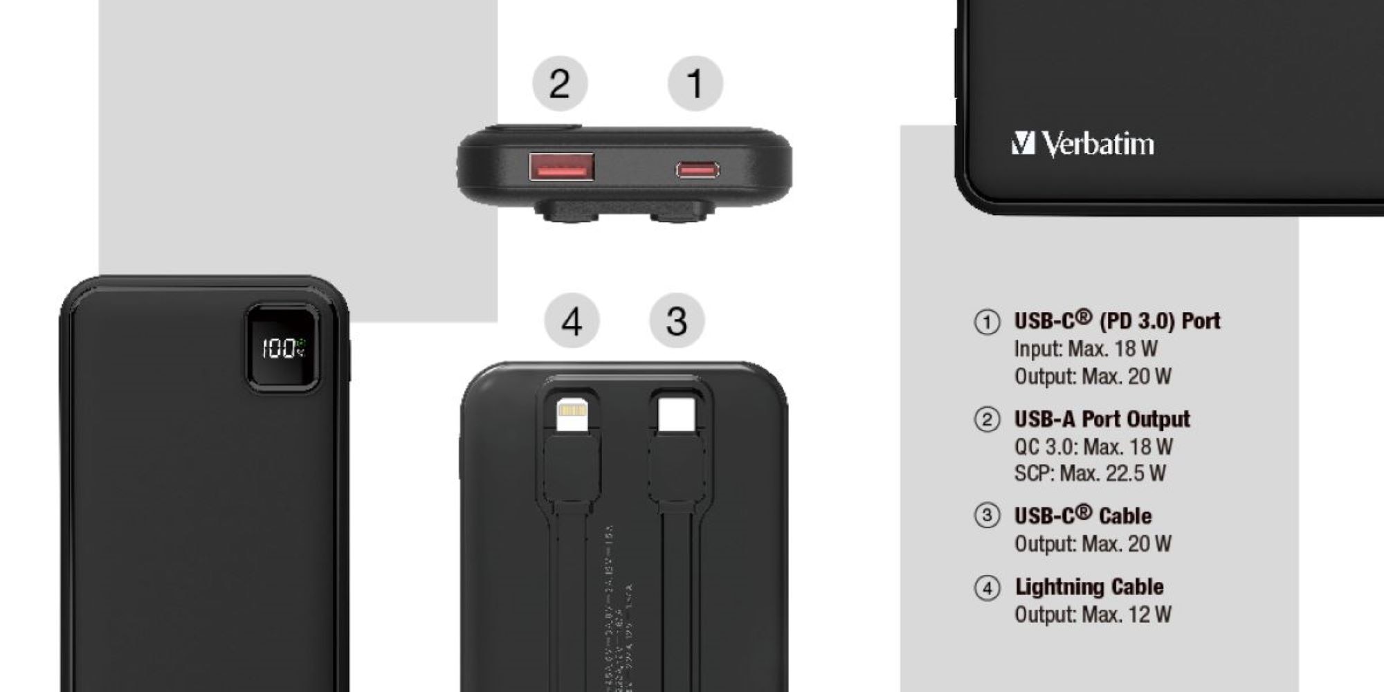 VERBATIM 10000mAh PD 3.0 & QC 3.0 Power Pack with embedded cables Power Bank