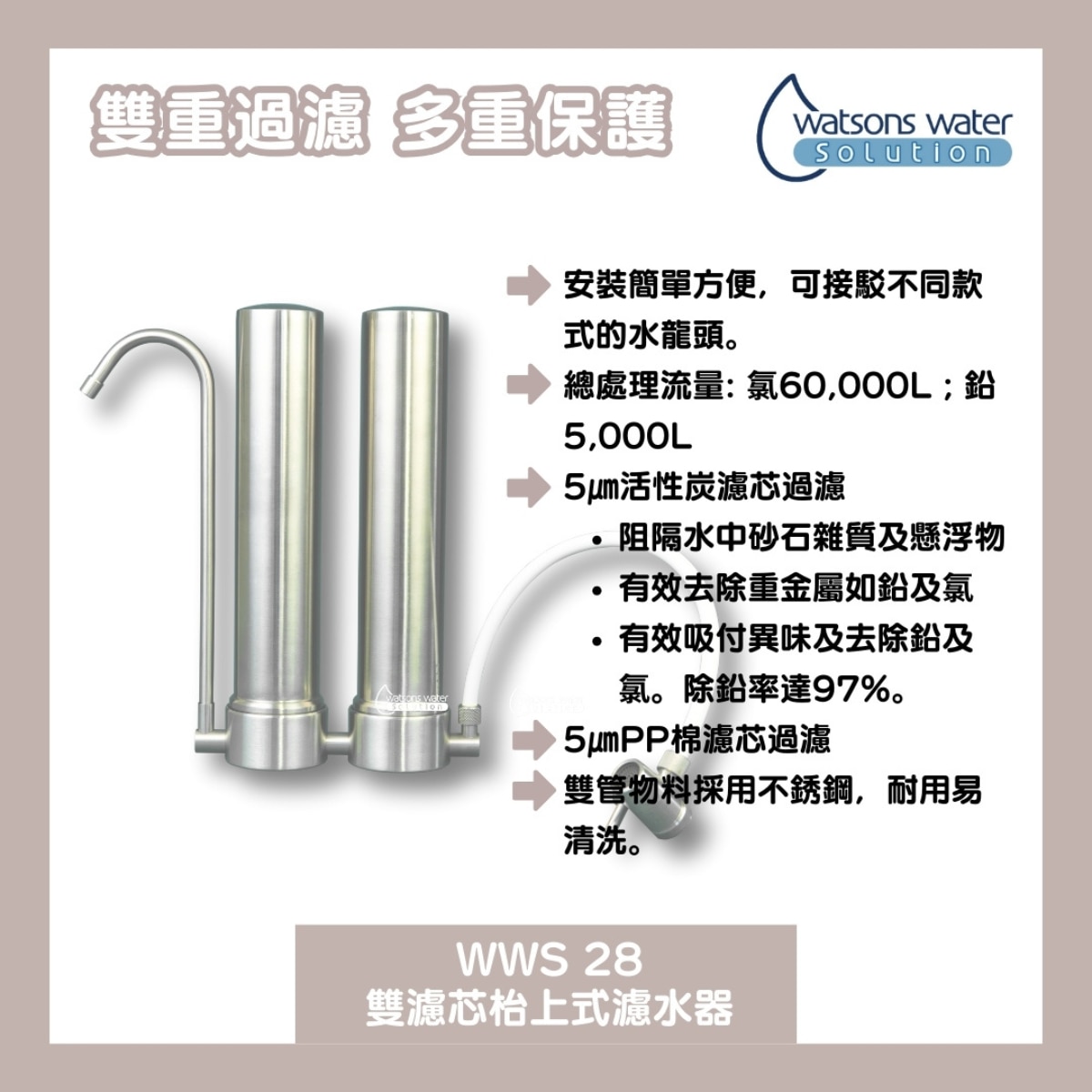 WATSONS WATER 屈臣氏蒸餾水 WWS 28 雙濾芯枱上式濾水器