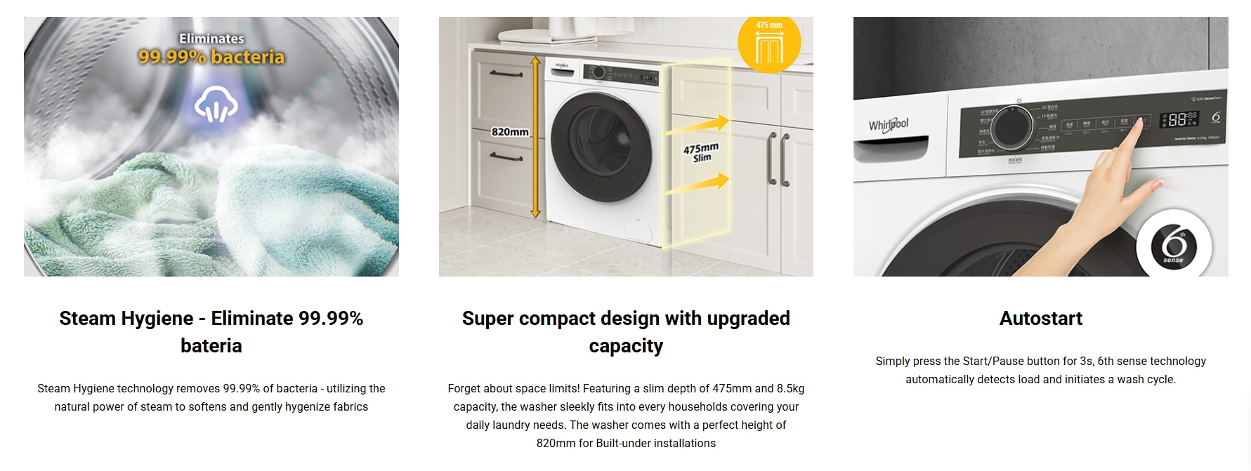 WHIRLPOOL 820 SteamCare 8.5/6KG Slim Washer Dryer - WWPB485602GW