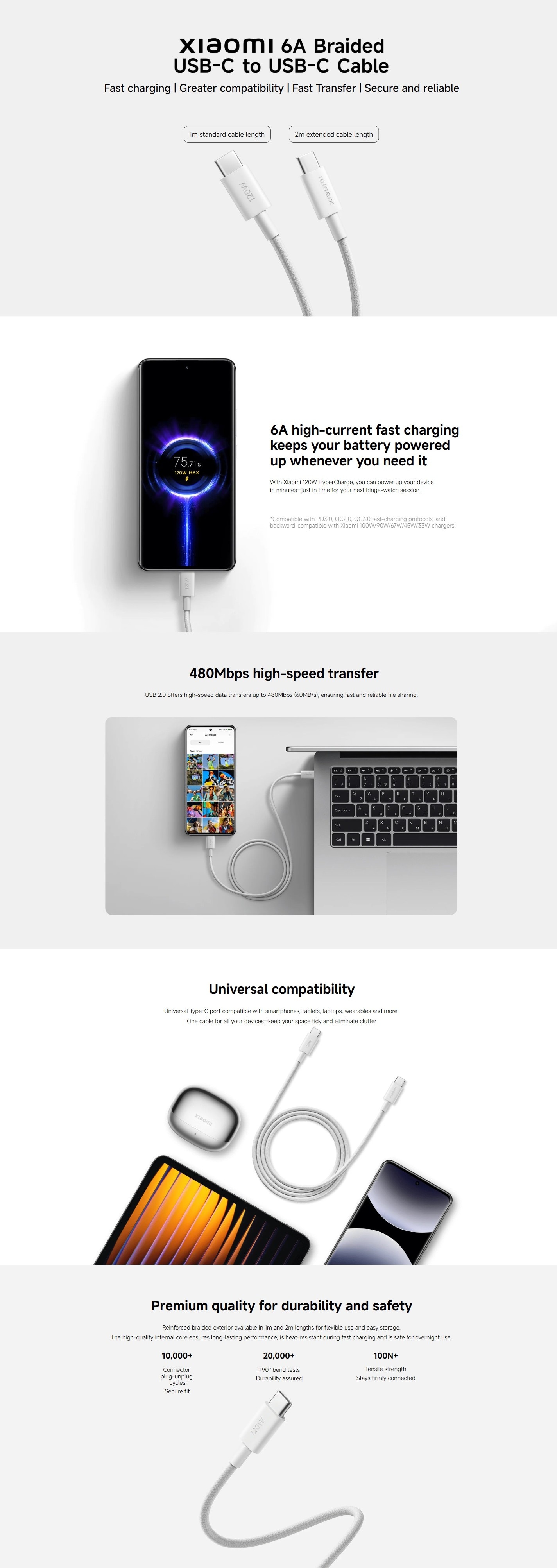 Xiaomi 6A Braided USB-C to USB-C Cable (1m)