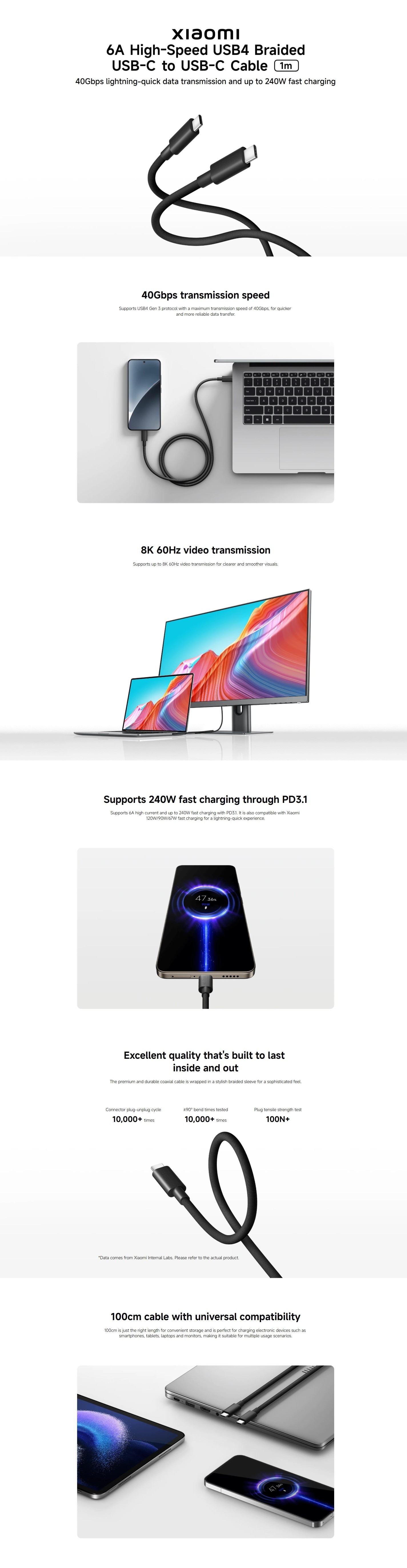 Xiaomi 6A High-Speed USB4 Braided USB-C to USB-C Cable (1m)
