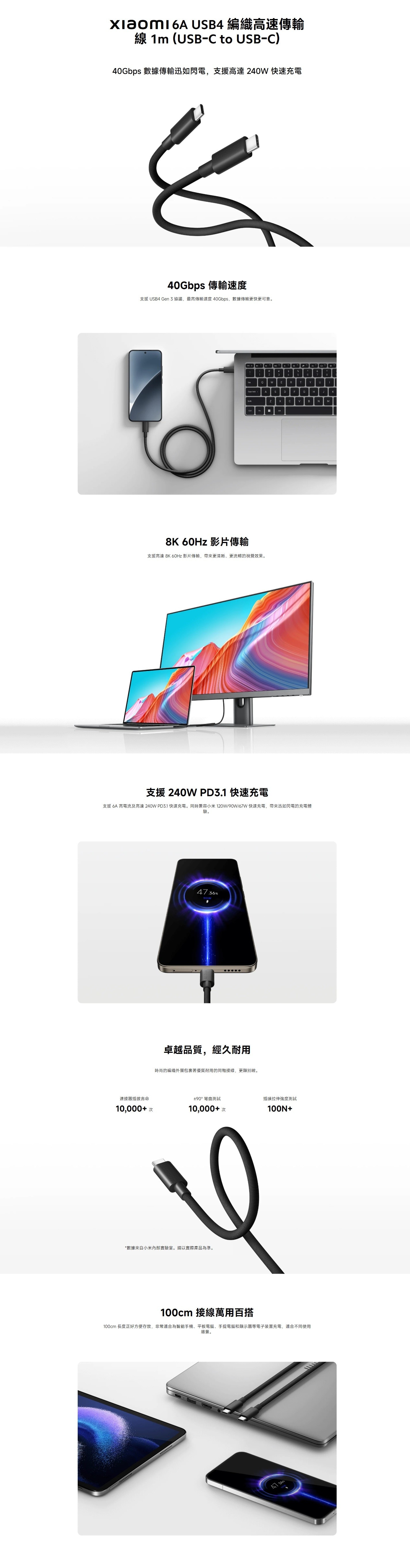 Xiaomi 小米 6A USB4 USB-C to USB-C 編織高速傳輸線 (1m)