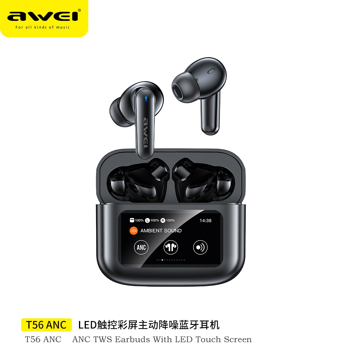 awei T56 ANC TWS Earbuds With LED Touch Screen Headphone