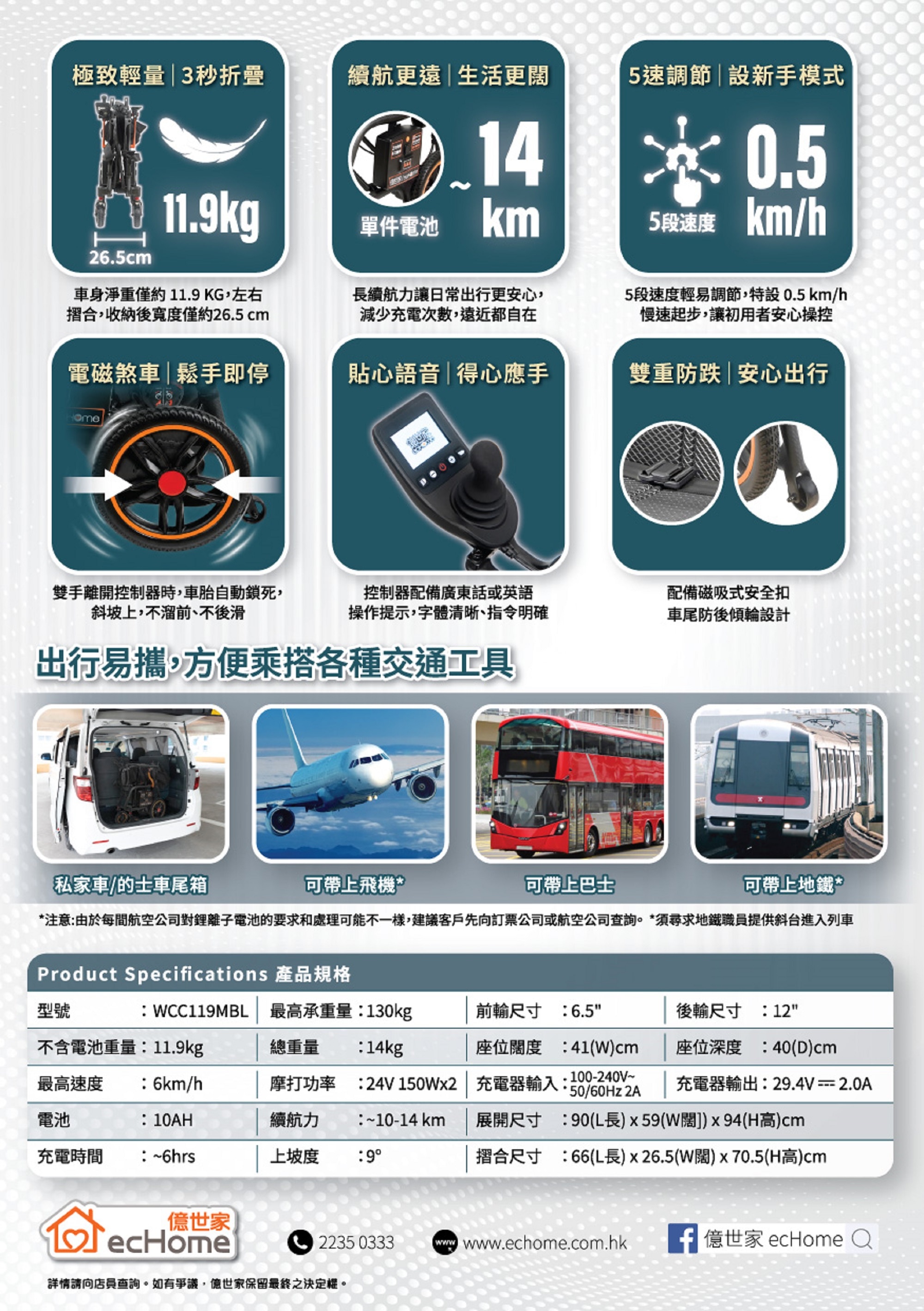 ecHome 億世家 快摺輕量碳纖電動輪椅