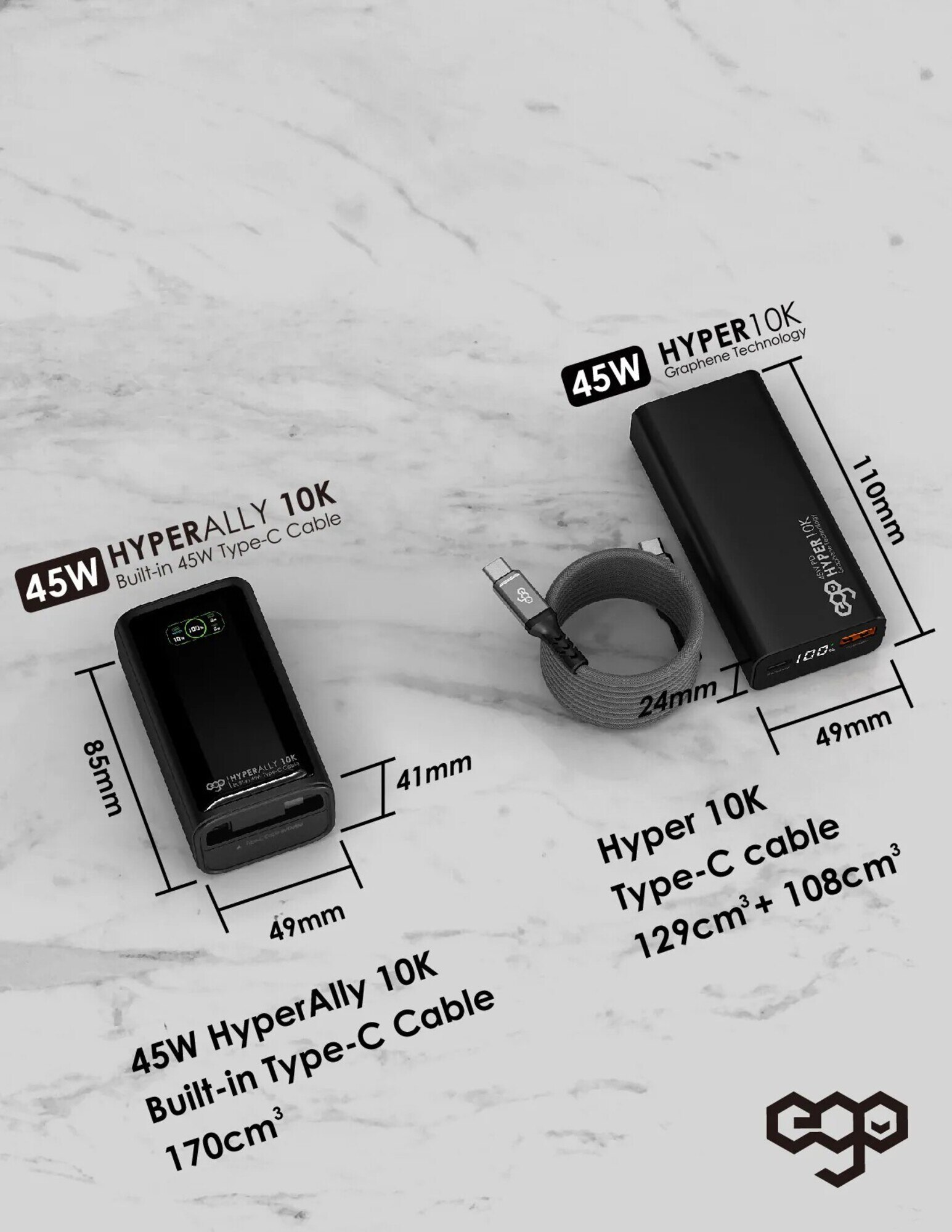 ego HA10 10000mAh 45W Built-in Cable Power Bank