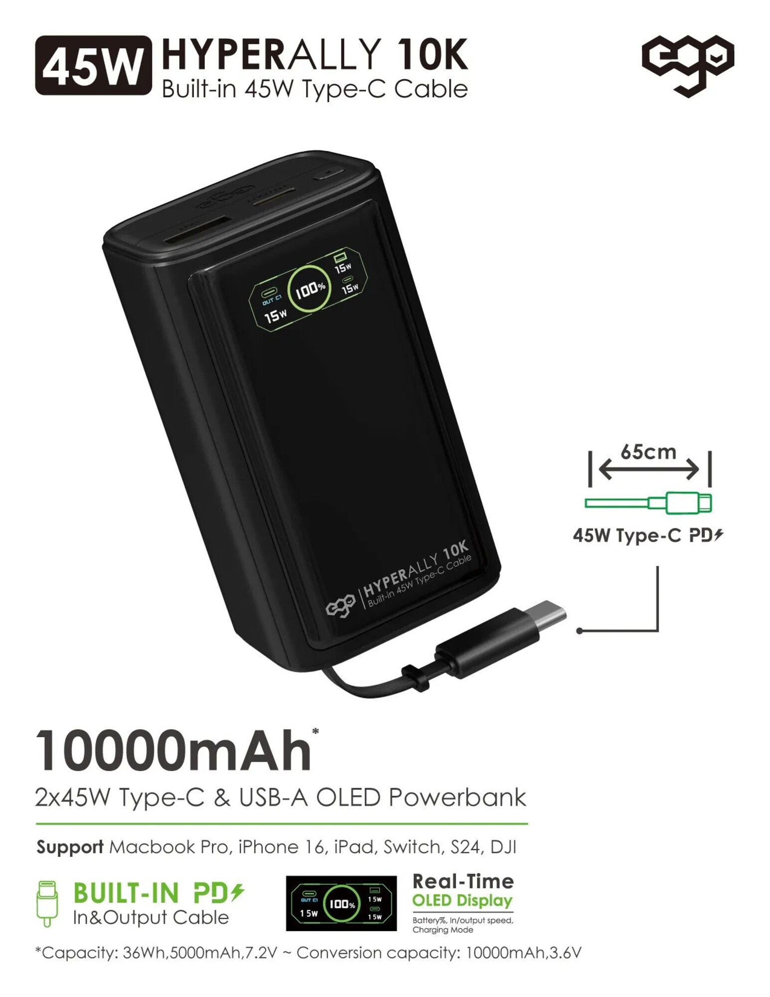 ego HA10 10000mAh 45W 內置線行動電源
