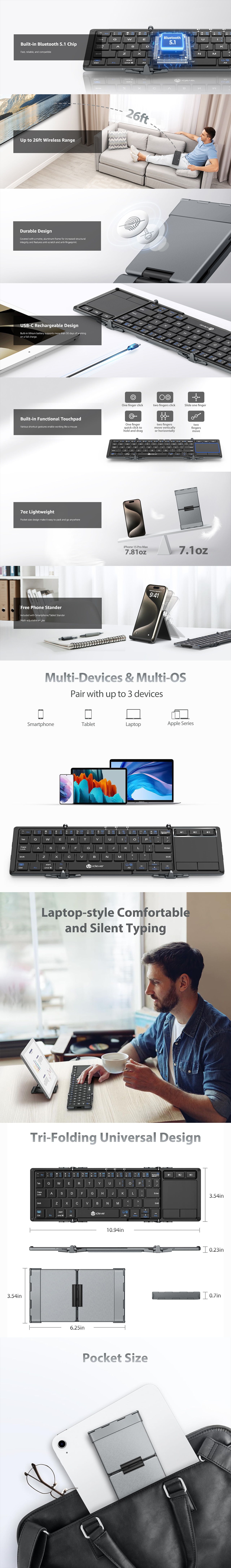 iClever IC-BK08 tri-fold Wireless Keyboard