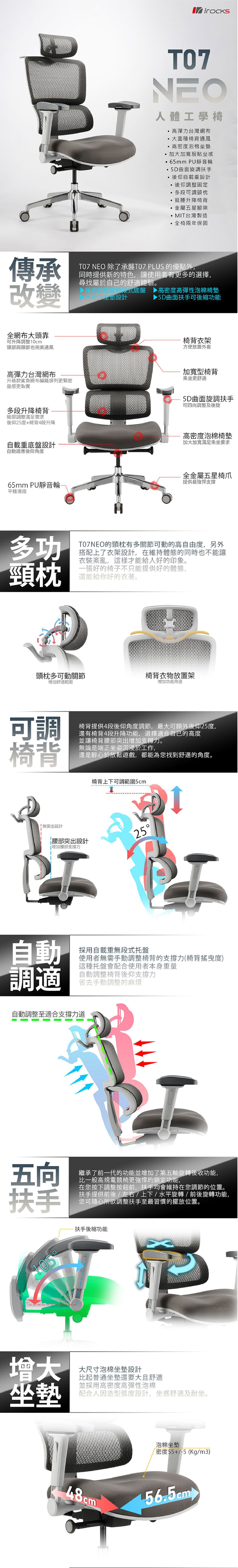 iRocks 艾芮克 T07 Neo 人體工學網椅 (泡棉坐墊款) /電腦椅