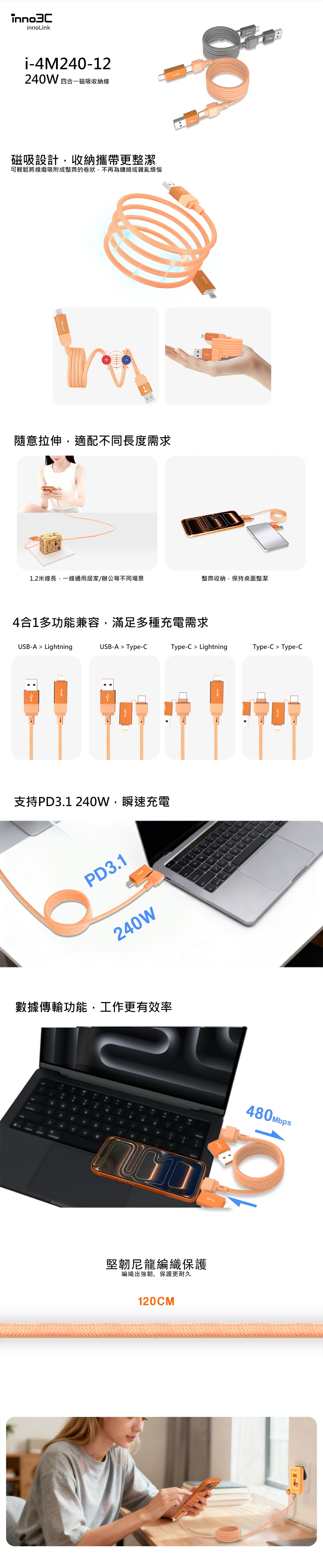 inno3C 創品 i-4M240-12 240W 四合一磁吸收納線 120cm