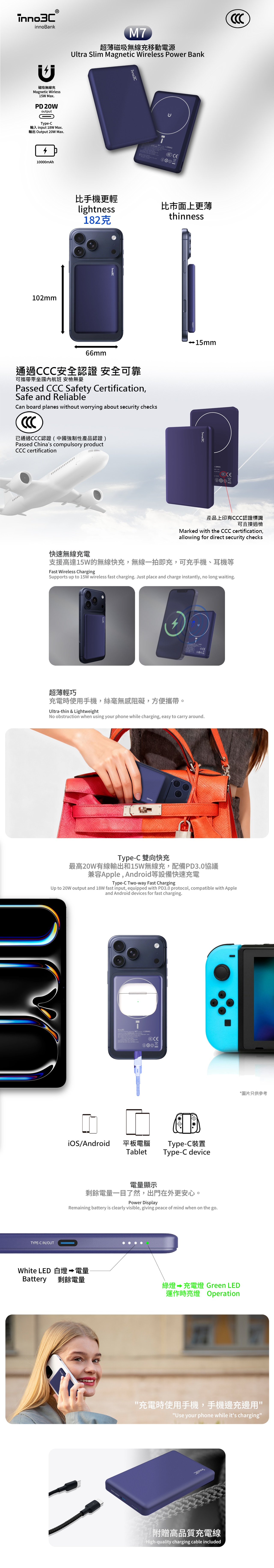inno3C 創品 [CCC QR Code][CCC 3C 認證] M7 超薄磁吸無線充移動電源 10000mAh 移動電源