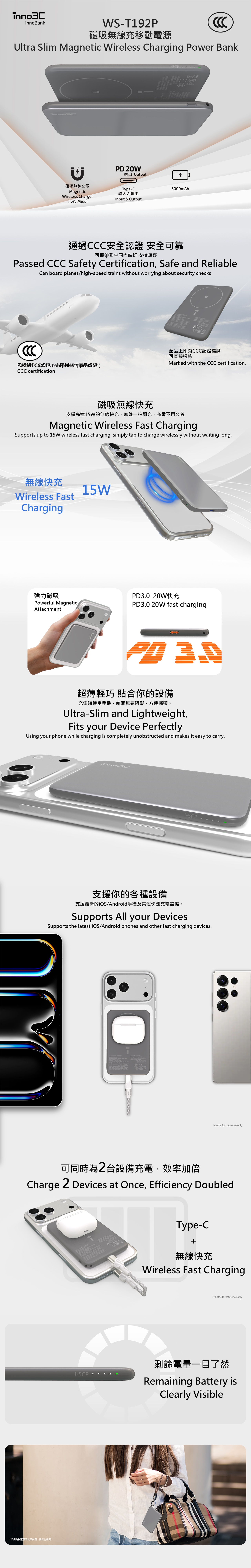 inno3C 創品 [ CCC 3C 認證 ] WS-T192P 磁吸無線充移動電源 5000mAh