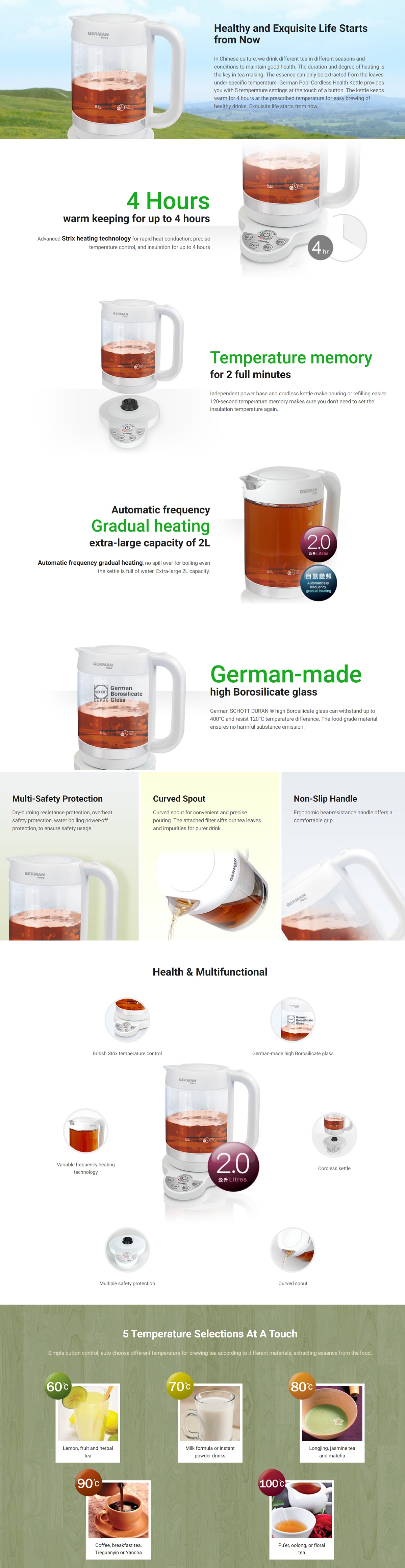 GERMAN POOL KTG-120 Cordless Temperature Control Health Kettle