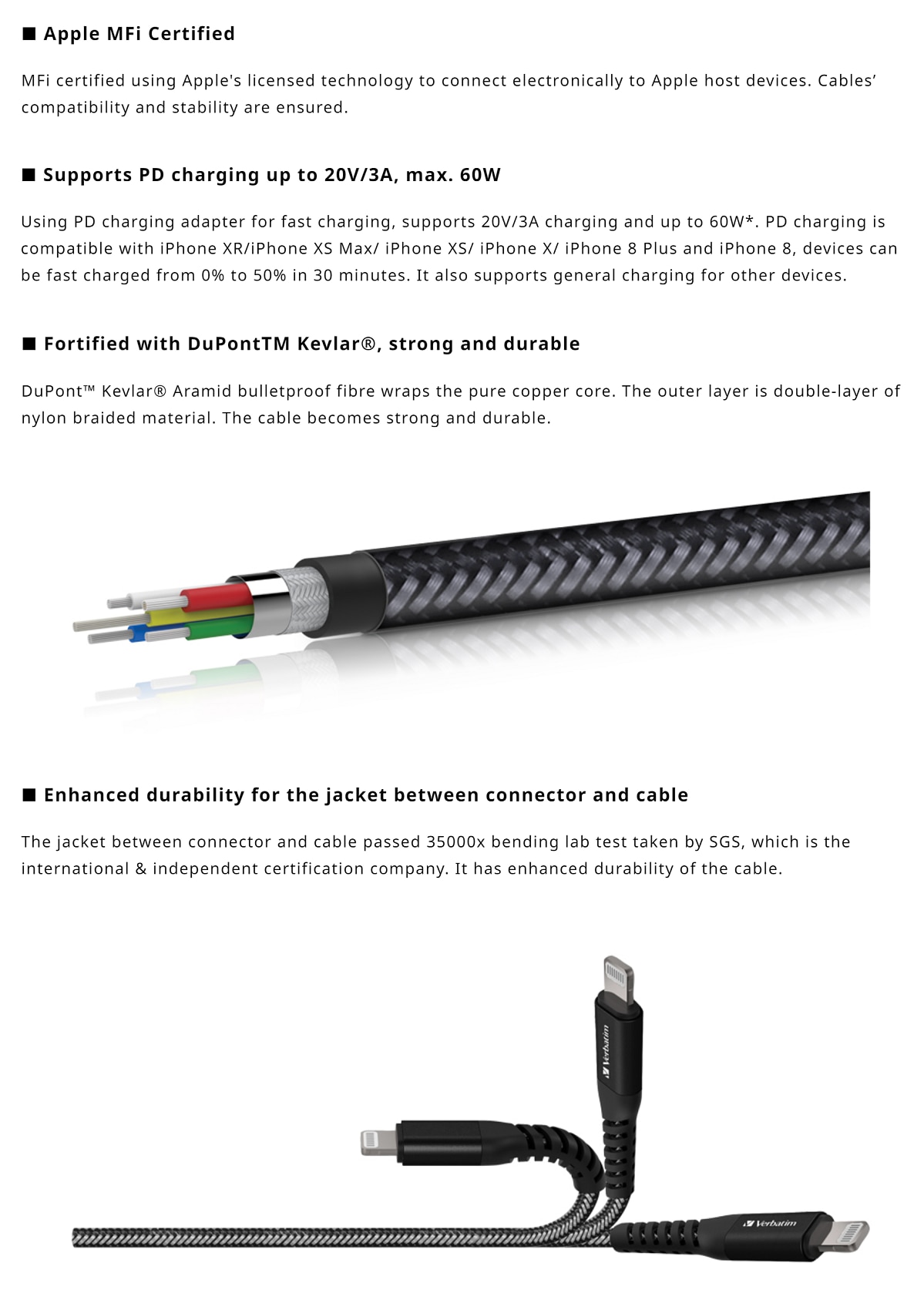 VERBATIM 30cm Tough Max 35000+ Bending Test C to  Lightning Cable