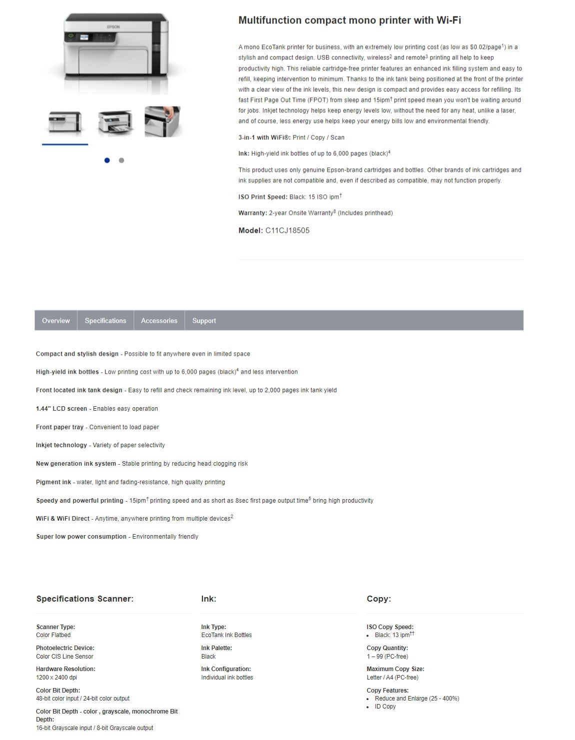 EPSON 愛普生 EcoTank M2120 多功能小巧無線黑白打印機