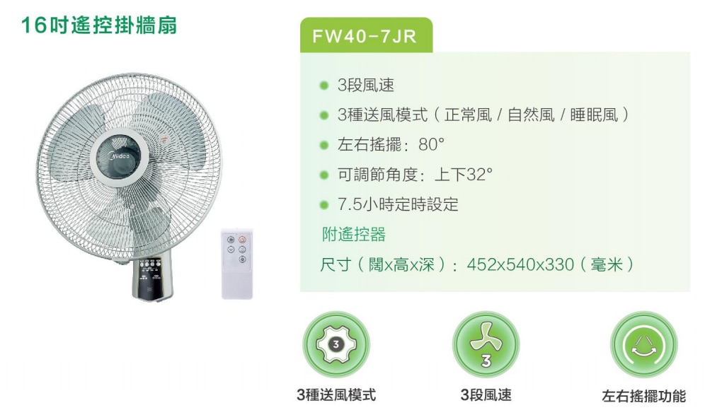 MIDEA FW40-7JR 16 inch Wall Fan with Remote Control