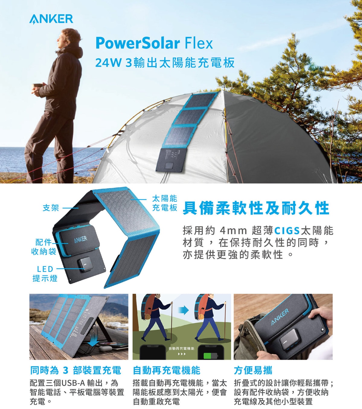 Anker PowerSolar Flex 24W 3輸出太陽能充電器