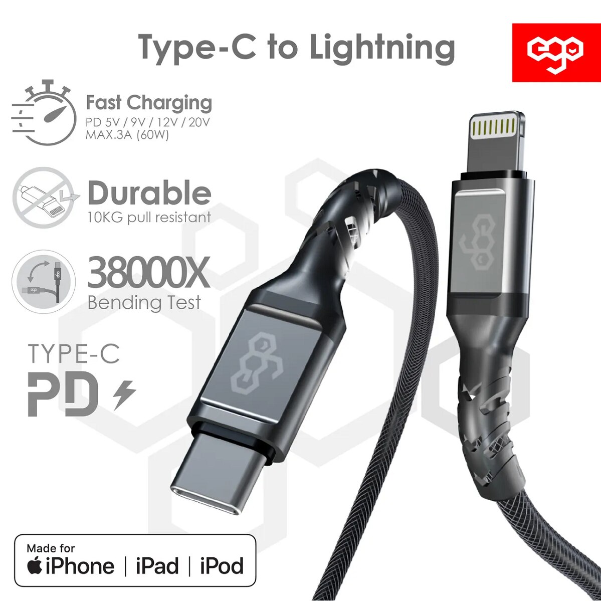 ego CTL-20GREY WIRY MAX Type-C to Lightning Cable - 2M