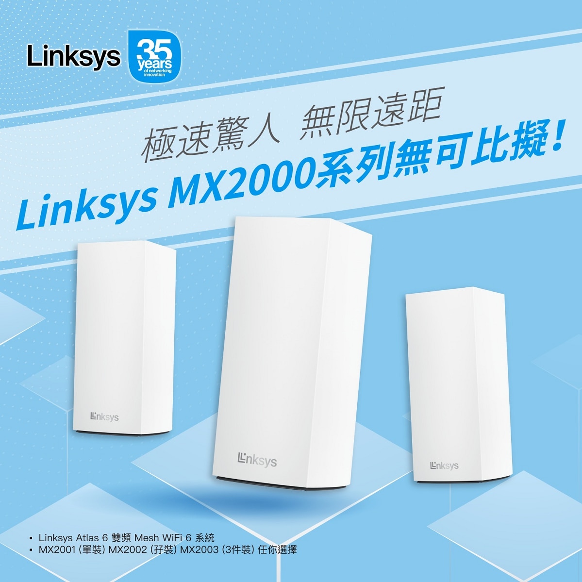 Linksys MX2001 Atlas 6 雙頻 Mesh WiFi 6 路由器 (1件裝)