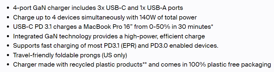 BELKIN BoostCharge Pro 140W 4-Port GaN Wall Charger