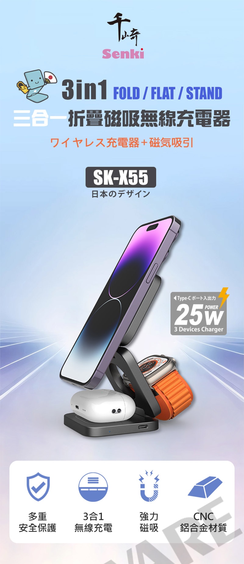 Senki SK-X55 三合一折疊磁吸無線充電器