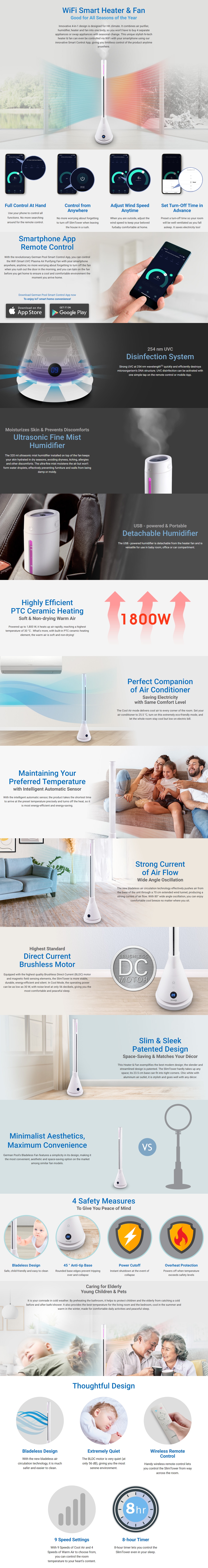 GERMAN POOL EFB-426HM-SC WiFi Smart UVC Air Purifier Mist Heater & Fan