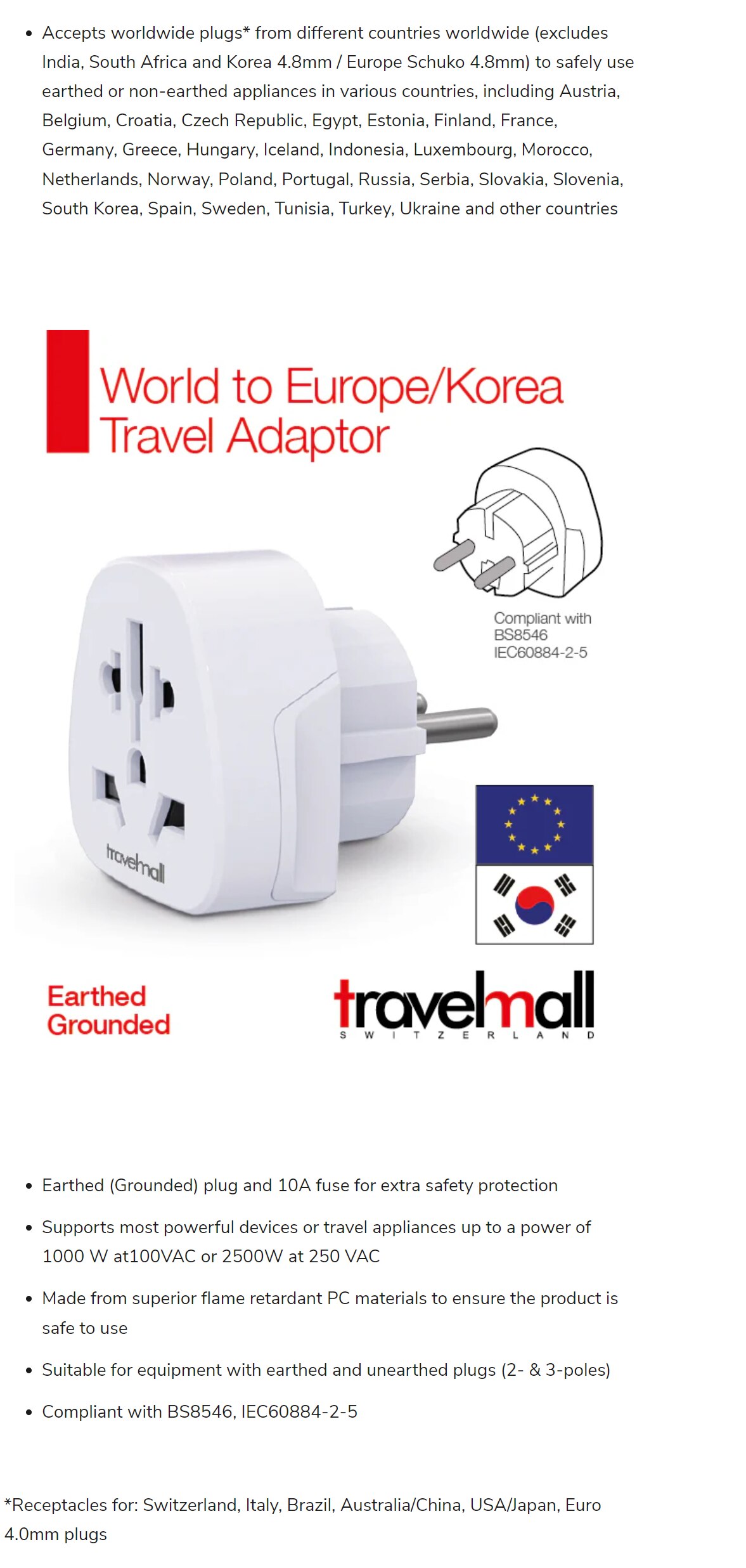 Travelmall Travel Adaptor World to Europe/Korea Travel Adaptor