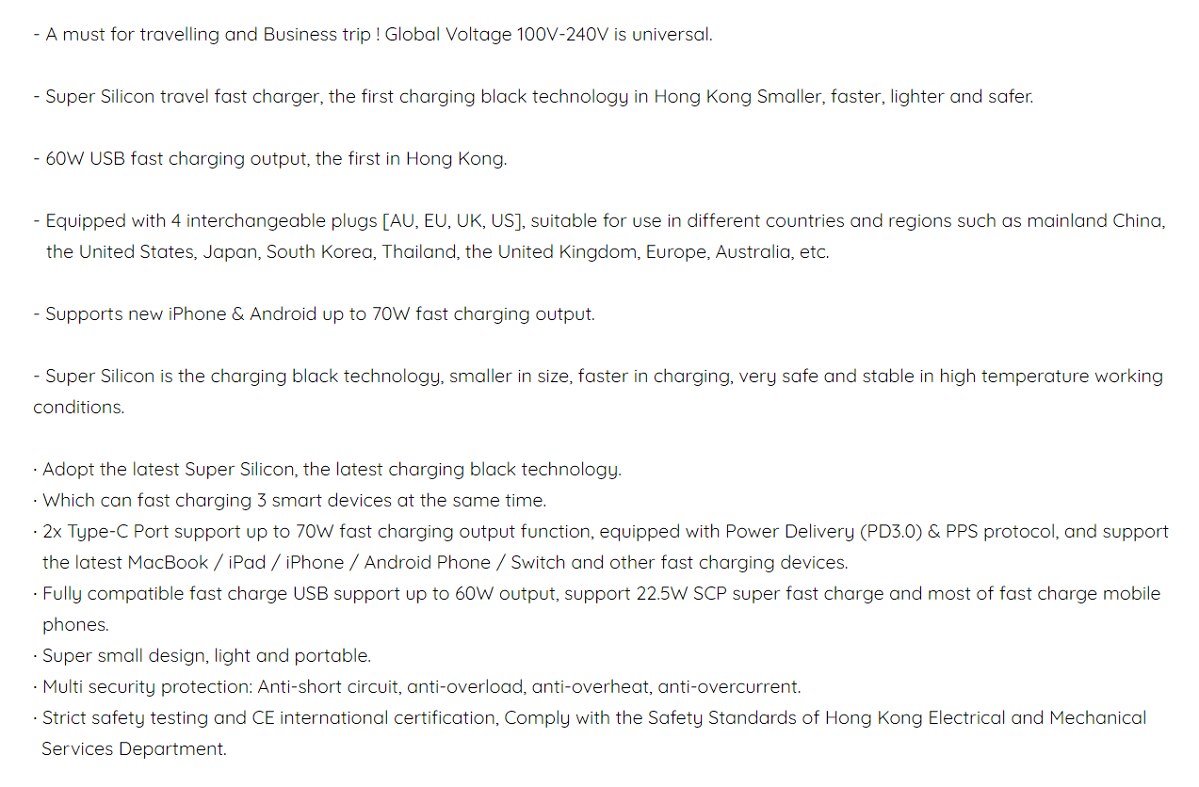 inno3C i-70WT Super Silicon 70W 3-Ports Travel Fast Charger