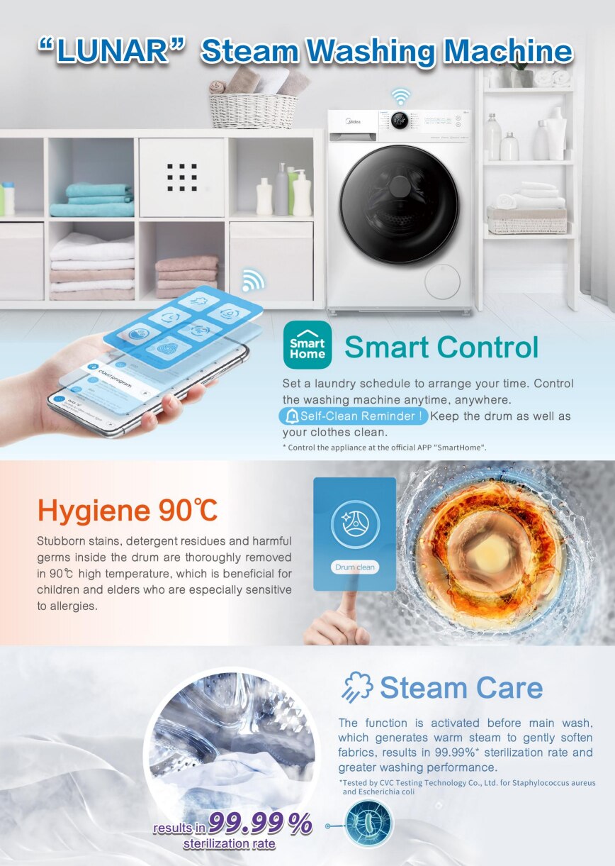 MIDEA Lunar 8KG 1400RPM Automatic Inverter Steam Front Load Washer - MFL80S14T