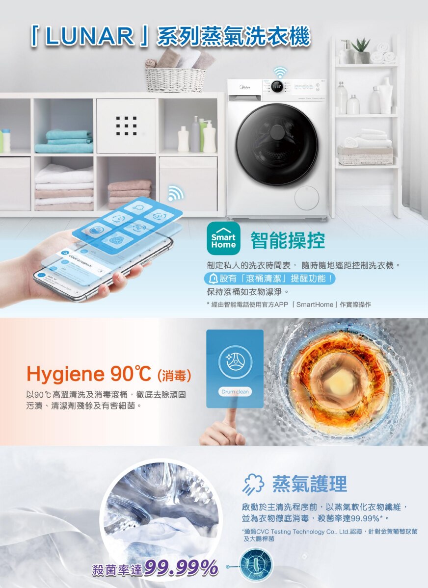 MIDEA 美的 Lunar 8公斤1400轉薄身變頻蒸氣前置式洗衣機 - MFL80S14T