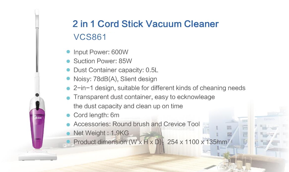 MIDEA VCS861P 2-in-1 Cord Stick Vacuum Cleaner