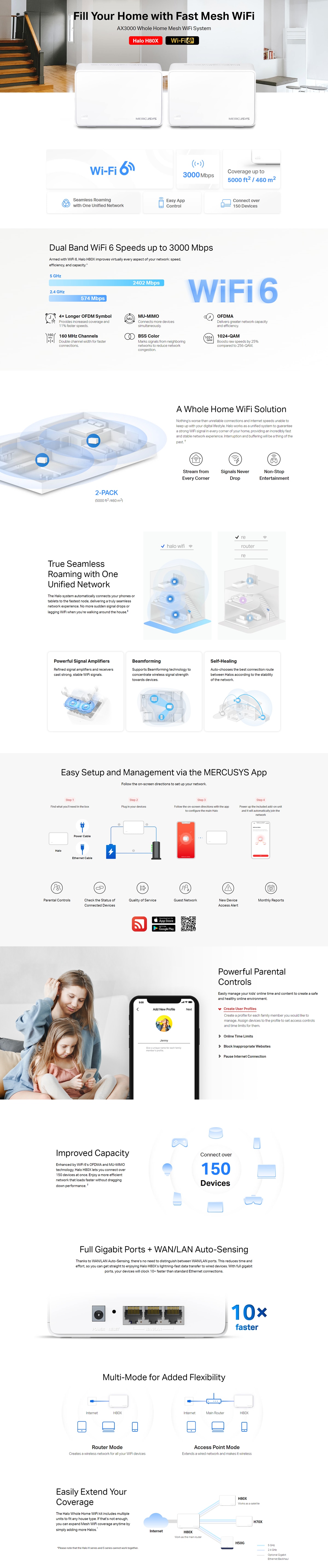 MERCUSYS Halo H80X AX3000 Dual Band WiFi 6 Mesh Router (2 Pack)