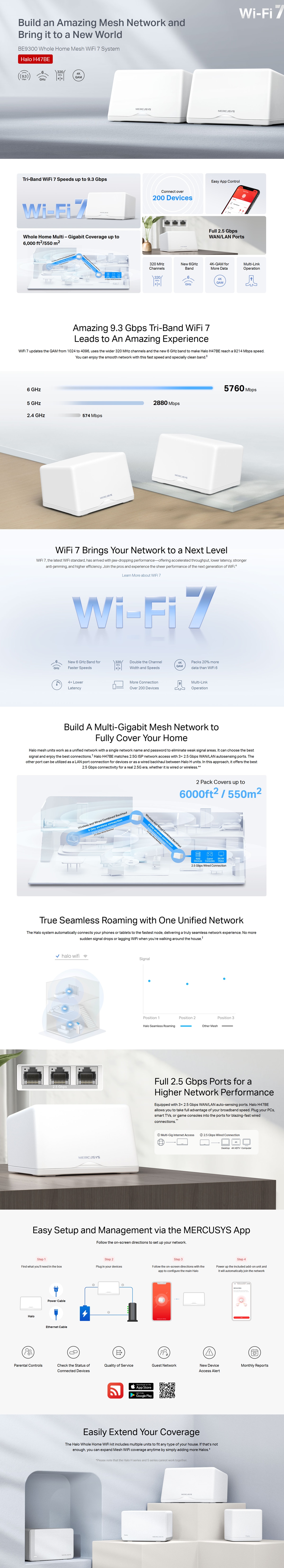 MERCUSYS Halo H47BE BE9300 Tri Band WiFi 7 Mesh Router (2 Pack)