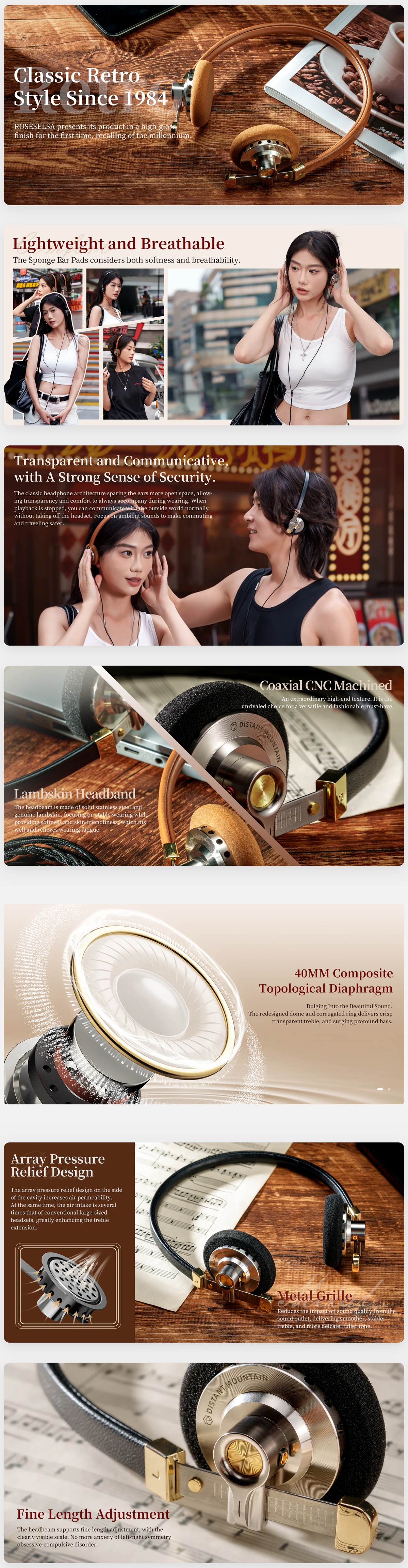 Roseselsa Distant Mountain頭戴式 HIFI 有線復古耳機