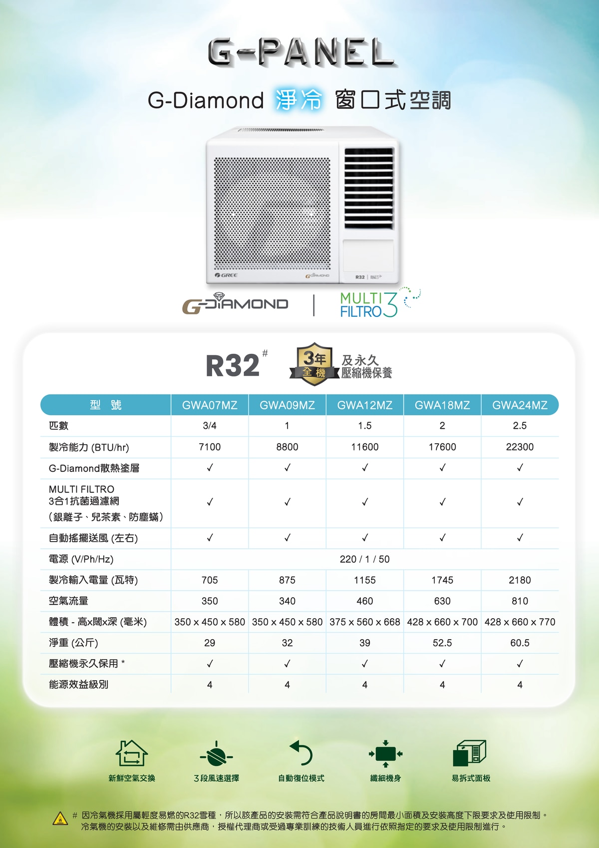 GREE 格力 G-DIAMOND 3/4匹R32淨冷窗口式冷氣機 - GWA07MZ