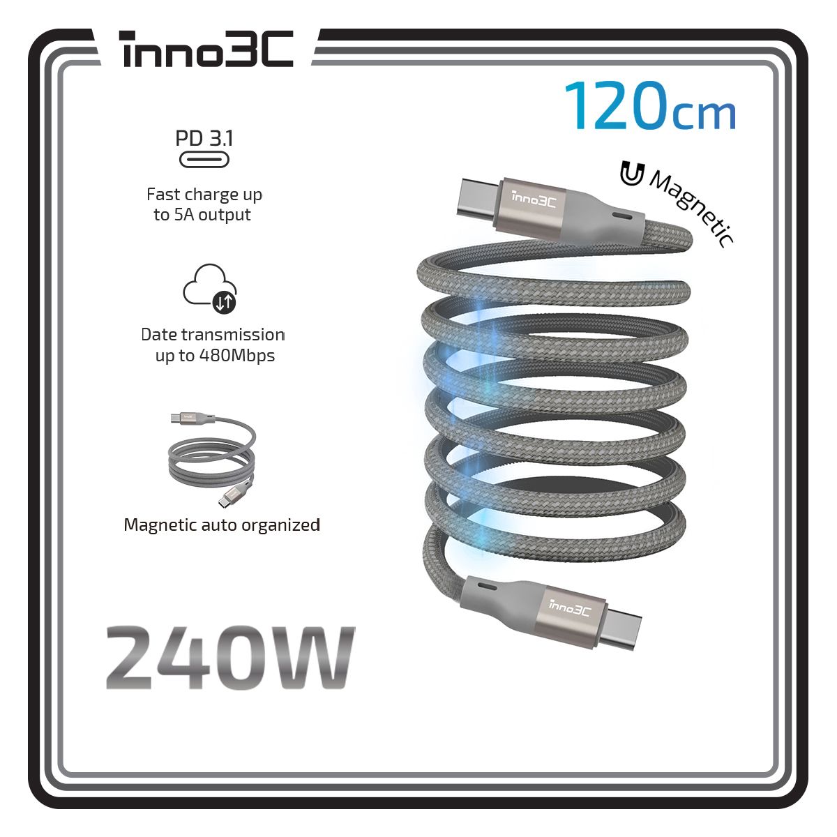 inno3C i-2M240-12  240W Type-C to Type-C Magnetic Organized Cable 120cm