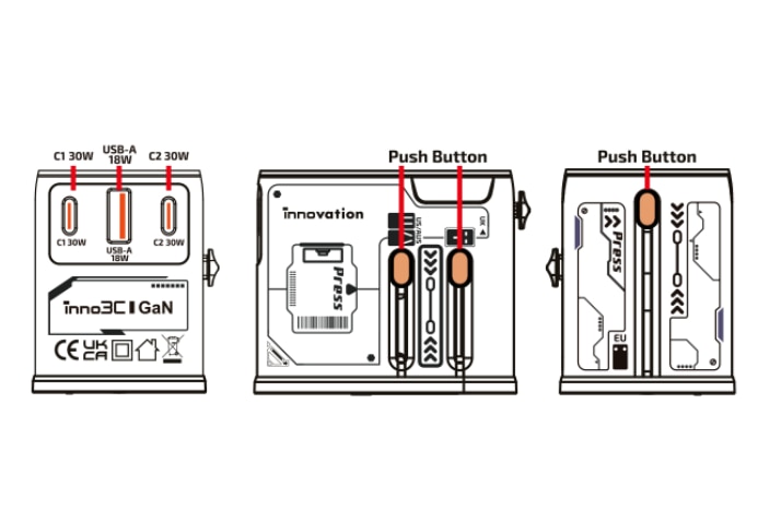 inno3C i-30WC 30W GaN 3-Ports AC Socket Universal Travel Adaptor