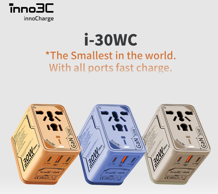 inno3C i-30WC 30W GaN 3-Ports AC Socket Universal Travel Adaptor