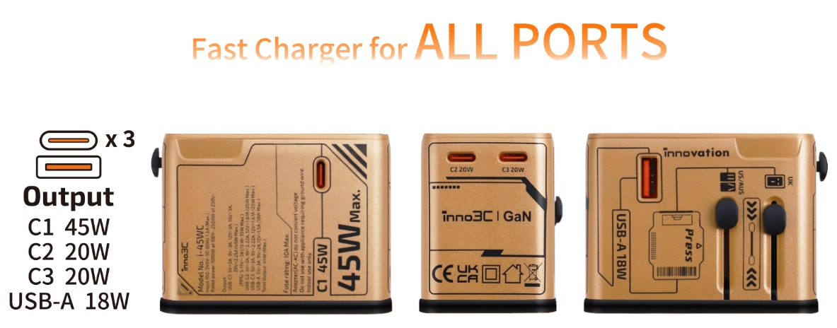 inno3C 創品 i-45WC 45W GaN 4輸出旅行轉換插頭
