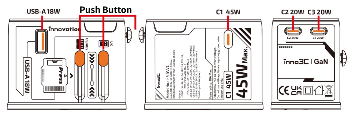 inno3C 創品 i-45WC 45W GaN 4輸出旅行轉換插頭