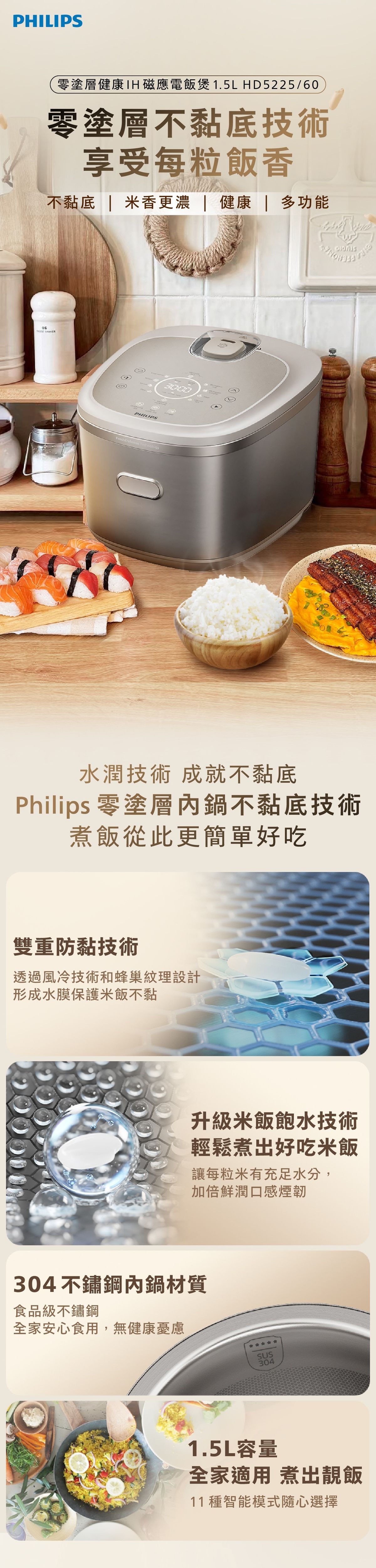 PHILIPS 飛利浦 HD5225/60 零塗層健康IH磁應電飯煲 (1.5L)