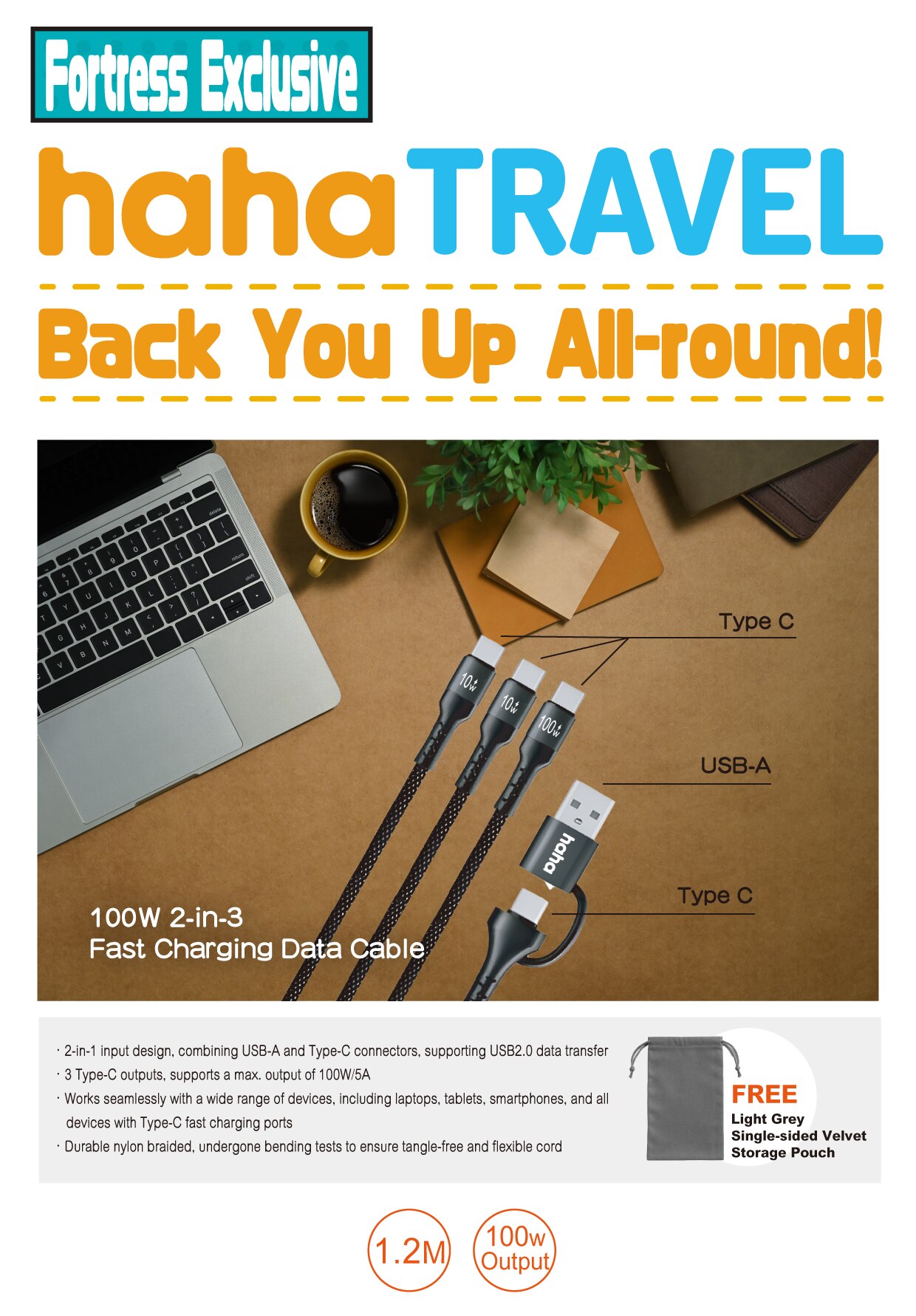 haha TRAVEL 100W 2-in-3 Fast Charging Data Cable